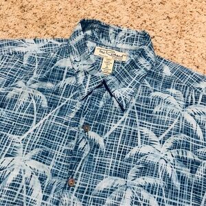 Tori Richard Hawaiian Shirt Aloha Men's L Blue Floral Palm Trees Cotton Lawn